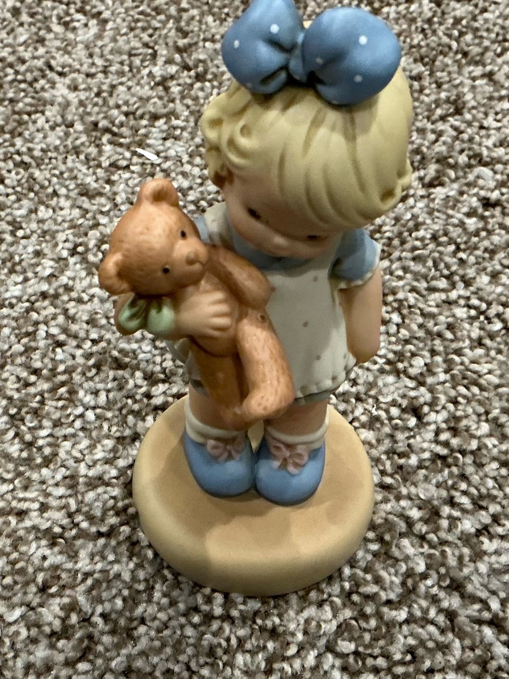Enesco Porcelain Little Girl Figurine Holding Teddy in Blue and Cream